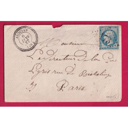 N°22 GC 173 ARQUIAN NIEVRE CAD TYPE 13 POUR PARIS INDICE 15 LETTRE