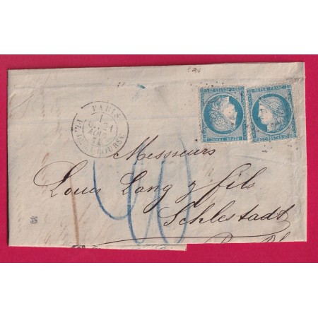 N°37 X2 PARIS PL DE LA BOURSE 21.08.1871 POUR SELETSAT BAS RHIN TAXE ALLEMANDE 40 LETTRE