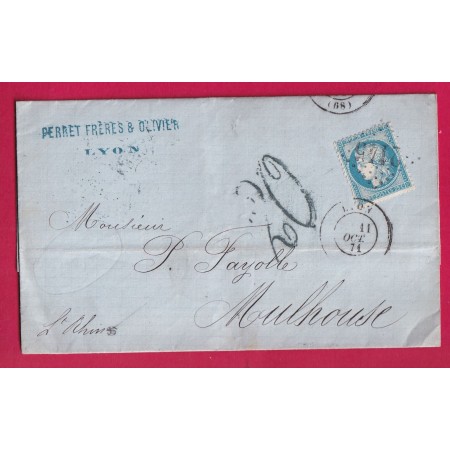 N°60 GC 2145 LYON RHONE TAXE 20 ALLEMANDE EN BLEU TAMPON POUR MULHOUSE HAUT RHIN LETTRE