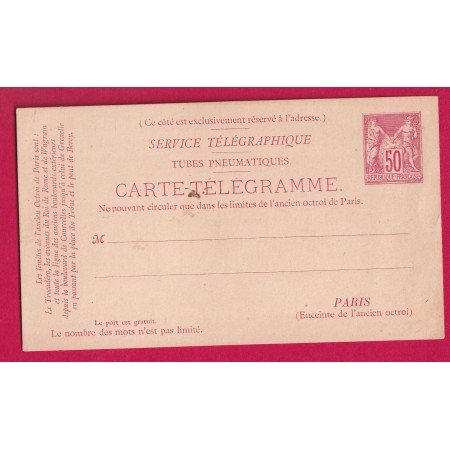 ENTIER 50C TYPE SAGE EN ROUGE TUBES PNEUMATIQUES CARTE TELEGRAMME LETTRE