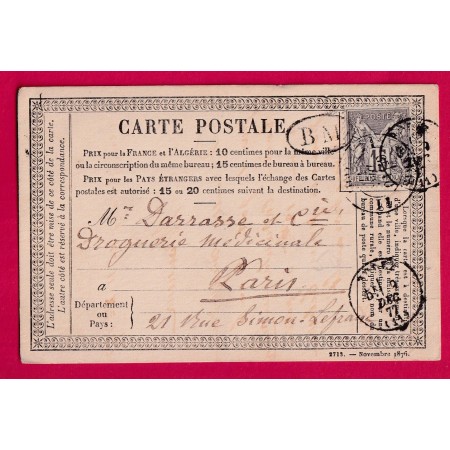 N°77 CAD RODEZ AVEYRON BM DE LAISSAC 1877 POUR PARIS CARTE PRECURSEUR PHARMACIE LETTRE