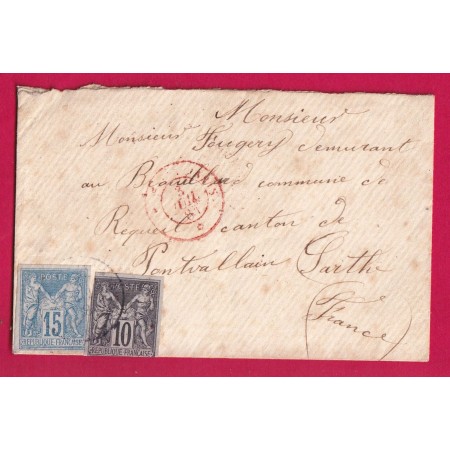 FRANCE COLONIE NOUVELLE CALEDONIE AMBULANT MODANE A PARIS EN ROUGE 1881 POUR PONTVALLAIN SARTHE LETTRE