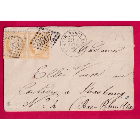 N°55 GC 2598 NANCY MEURTHE ET MOSELLE CAD TYPE 18 POUR STRASBOURG 1876 ALLEMAGNE BAS RHIN LETTRE