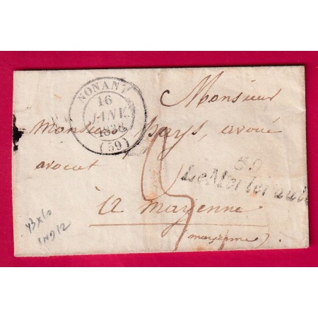 CURSIVE 59 LE MERLERAULT ORNE CAD TYPE 14 NONANT 1838 43X10 INDICE 12 POUR MAYENNE LETTRE