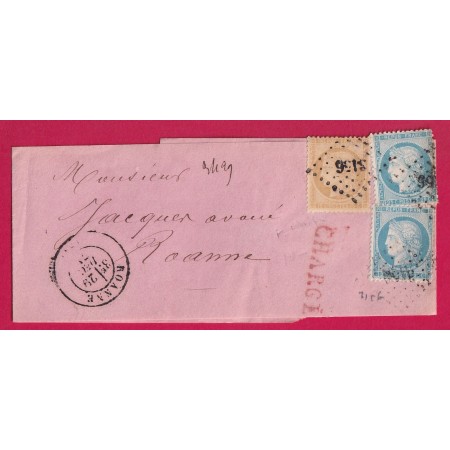 N°60X2 + 59 PC DU GC 3156 ROANNE LOIRE BANDE DE JOURNAL CHARGE PORT LOCAL 1871 LETTRE