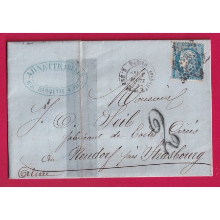 N°60 PARIS ETOILE 7 R DES Vlles HAUDRtes TAXE ALLEMANDE 2 EN BLEU POUR NEUDORF BAS RHIN ALSACE LORRAINE ALLEMAGNE LETTRE