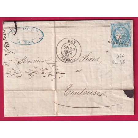 N°46B BLEU TRES CLAIR GC 1283 DAX LANDES POUR TOULOUSE HAUTE GARONNE LETTRE