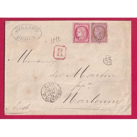 N°57 58 PARIS ETOILE 33 BT DE L'HOPITAL RECOMMANDE POUR NARBONNE AUDE 1875 LETTRE