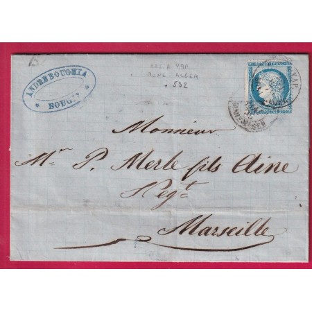 N°60 CAD BAT A VAP BONE ALGER ALGERIE  DEPART BOUGIE POUR MARSEILLE RARE SALLES N°532 LETTRE