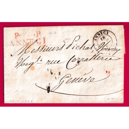 CAD SARDE ANNECY HAUTE SAVOIE + MARQUE PP ANNECI 1849 POUR GENEVE SUISSE LETTRE