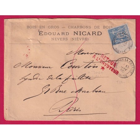 N°90 CAD GARE DE LA CHARITE NIEVRE TYPE 18 RETOUR ENVOYEUR PARIS BUREAU CENTRAL AU DOS CAD REBUTS DE PARIS EN ROUGE 1890