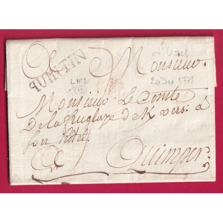 MARQUE QUINTIN COTES DU NORD 1771 LENAIN N°2 INDICE 13 POUR QUIMPER FINISTERE BRETAGNE LETTRE