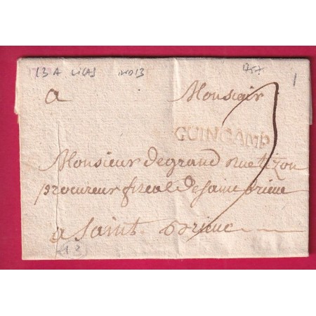 MARQUE GUINGAMP COTES DU NORD 1757 LENAIN N°3A INDICE 13 POUR ST BRIEUC BRETAGNE LETTRE