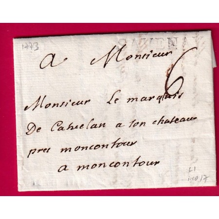 MARQUE SAVENAY LOIRE INFERIEURE 1773 LENAIN N°1 INDICE 17 POUR MONCONTOUR COTES DU NORD LETTRE