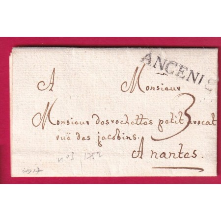 MARQUE ANCENIS LOIRE INFERIEURE 1752 LENAIN N°3 INDICE 17 POUR NANTES LETTRE