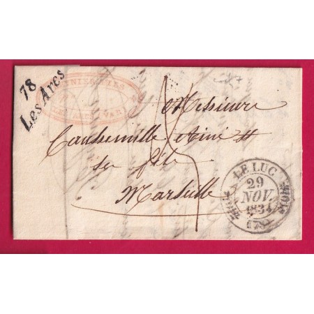 CURSIVE 78 LES ARCS VAR CAD TYPE 11 LE LUC 1834 POUR MARSEILLE 1838 LETTRE