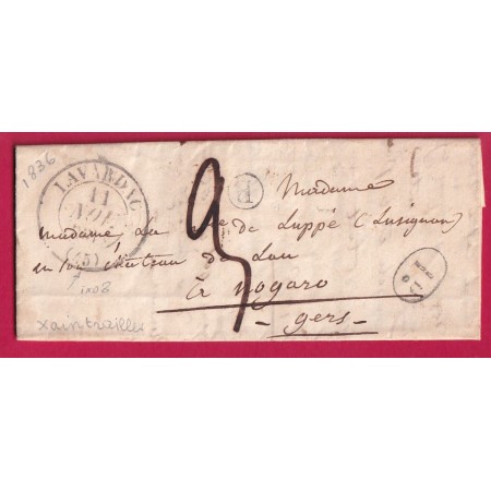 CAD TYPE 13 LAVARDAC LOT ET GARONNE BOITE RURALE B XAINTRAILLES POUR NOGARO GERS DECIME RURAL NOIR 1836 LETTRE
