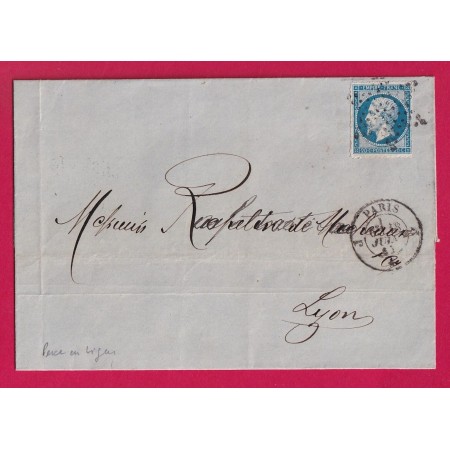 N°14 PERCE EN LIGNE ETOILE PLEINE PARIS BUREAU J POUR LYON RHONE 1861  LETTRE