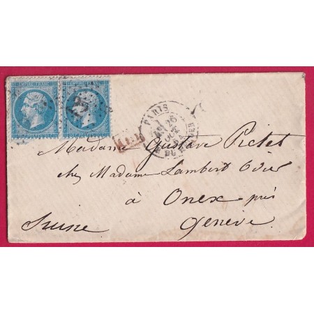 N°22 PAIRE PARIS ETOILE 22 R DU HELDER POUR ONEX GENEVE  SUISSE 1864 LETTRE