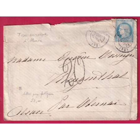 N°60 CAD VERSAILLES SEINE ET OISE 20 OCT 1871 TAXE 20 ALLEMANDE POUR OBERNAI BAS RHIN ALSACE LORRAINE ALLEMAGNE LETTRE