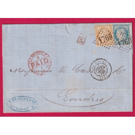 N°36 37 GC 1769 LE HAVRE SEINE INFERIEURE 24 JUILLET 1871 POUR LONDRES LONDON ANGLETERRE LETTRE