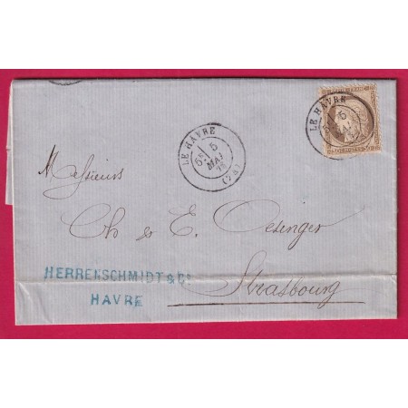 N°56 CAD TYE 17 LE HAVRE SEINE INFERIEURE 5 MAI 1876 POUR STRASBOURG ALSACE LORRAINE ALLEMAGNE BAS RHIN LETTRE