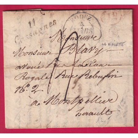 CURSIVE 11 CASSAGNES AVEYRON CAD TYPE 13 RODEZ BOITE RURALE G LA VIALETTE + DECIME RURAL POUR MONTPELLIER HERAULT LETTRE