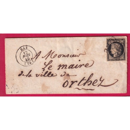 N°3 GRILLE CAD TYPE 15 DAX LANDES POUR ORTHEZ 1849 LETTRE
