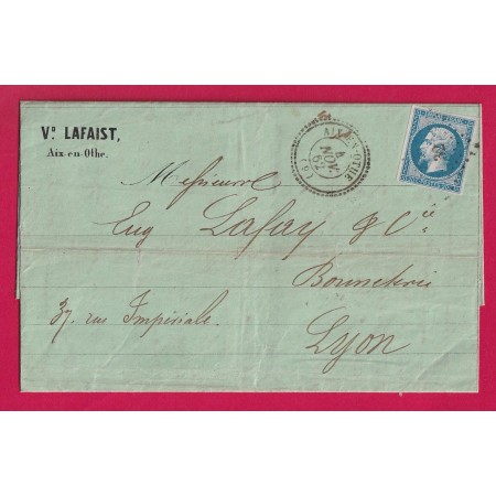 N°14 PC 32 AIX EN OTHE AUBE CAD TYPE 22 LETTRE DE COULEUR VERTE ET IMPRIMEE POUR LYON RHONE 1862 LETTRE
