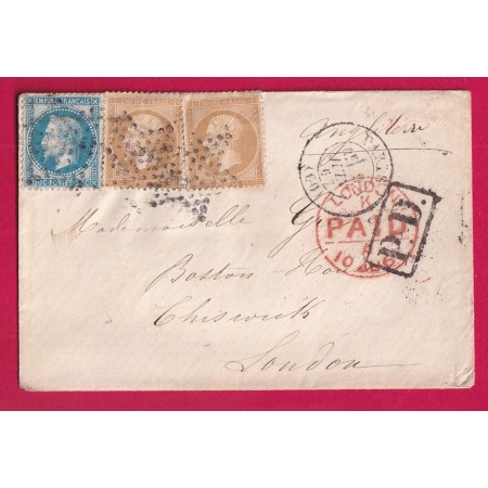 N°29 + 21X2 PARIS ETOILE PLEINE POUR LONDRES LONDON ANGLETERRE 1867 LETTRE