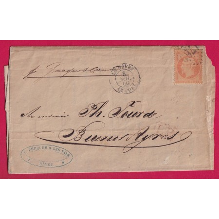 N°23 GC 1769 LE HAVRE LE PORT SEINE INFERIEURE POUR BUENOS AIRES ARGENTINE 1866 LETTRE