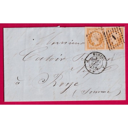 N°13B PAIRE TTB / SUP BDF PARIS BUREAU J 1859 POUR ROYE SOMME LETTRE