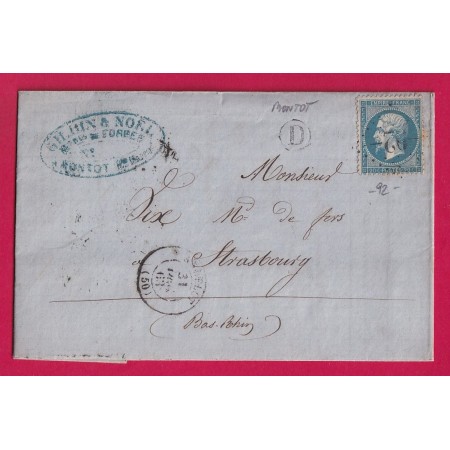 N°22 GC 92 ANDELOT HAUTE MARNE BOITE RURALE D MONTOT POUR STRASBOURG BAS RHIN LETTRE