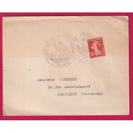 10C SEMEUSE CACHET MAIRIE DE BITSCHWILLER ALSACE HAUT RHIN REMPLOI CACHET IMPERIAL 1915 ANGOULEME CHARENTE LETTRE