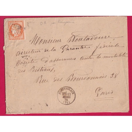 N°38 GC 2979 PONTVALLAIN SARTHE CAD TYPE 16 POUR PARIS 1875 LETTRE