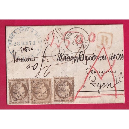 N°56 X3 GC212 AUCH GERS LETTRE RECOMMANDE POUR LYON RHONE 1873 LETTRE