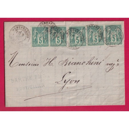 N°75 BANDE DE 3 + PAIRE MONTPELLIER HERAULT POUR LYON RHONE 1877 LETTRE