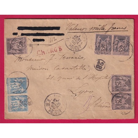N°90 X2 97 X5 PARIS R DE POISSY LETTRE CHARGE POUR LYON 1890 LETTRE