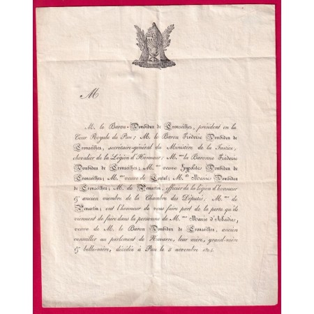 MARQUE 64 PAU BASSES PYRENEES TEXTE FAIRE PART DECES FAMILLE DOMBIDAU DE CROUSEILHES POUR SORDES LANDES 1824 LETTRE