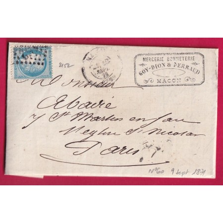 N°60 PRECOCE GC 2152 MACON SAONE ET LOIRE LE 10 SEPTEMBRE 1871 POUR PARIS LETTRE