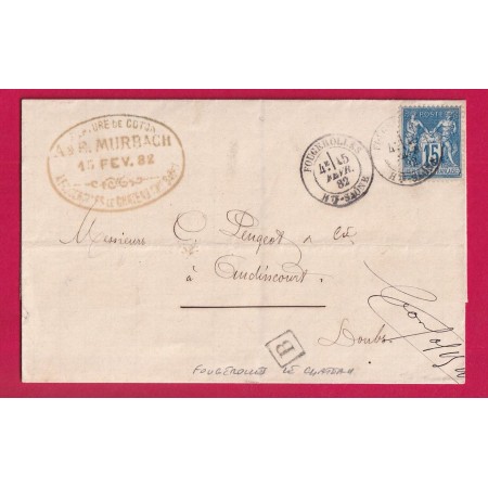 N°90 CAD TYPE 18 FOUGEROLLES HAUTE SAONE BOITE URBAINE B FOUGEROLLES LE CHATEAU POUR AUDINCOURT DOUBS 1882 LETTRE