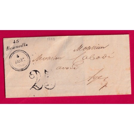 CURSIVE 45 BEAUVILLE LOT ET GARONNE DATEUR B POUR AGEN 1853 INDICE 16 LETTRE