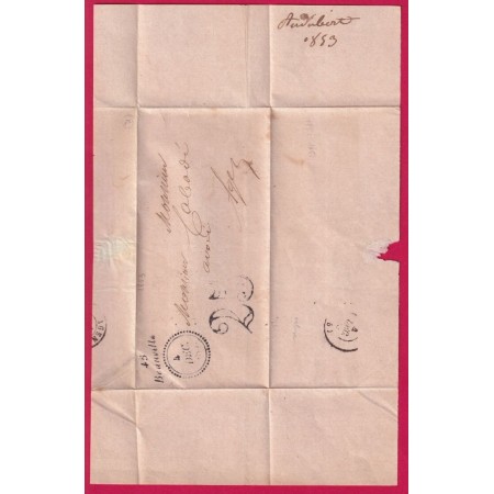 CURSIVE 45 BEAUVILLE LOT ET GARONNE DATEUR B POUR AGEN 1853 INDICE 16 LETTRE