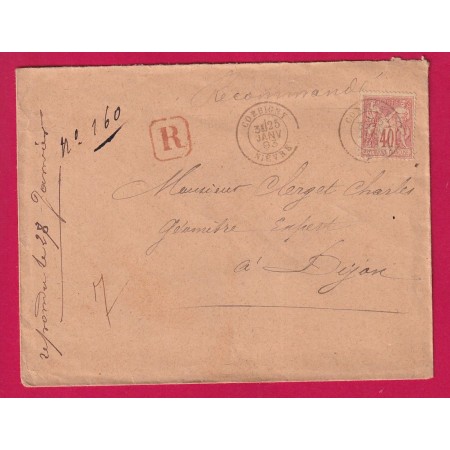 N°94 CAD TYPE 18 CORBIGNY NIEVRE 1893 LETTRE RECOMMANDE POUR DIJON LETTRE