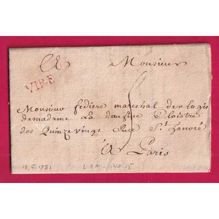 MARQUE VIRE CALVADOS EN ROUGE 1751 LENAIN N°1A INDICE 15 POUR PARIS LETTRE