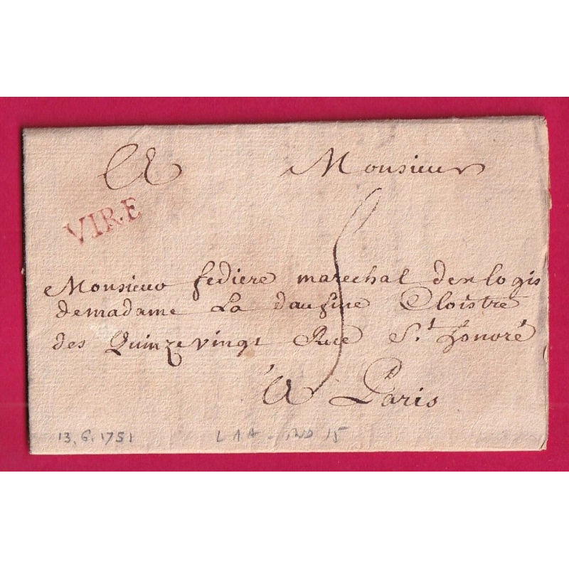 MARQUE VIRE CALVADOS EN ROUGE 1751 LENAIN N°1A INDICE 15 POUR PARIS LETTRE
