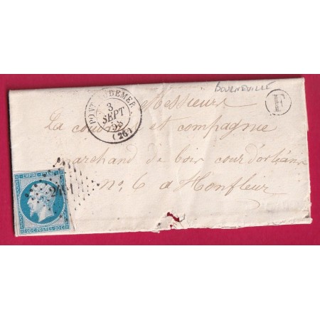 N°14 PC 2491 PONT AUDEMER EURE BOITE RURALE F BOURNEVILLE POUR HONFLEUR CALVADOS 1858 LETTRE