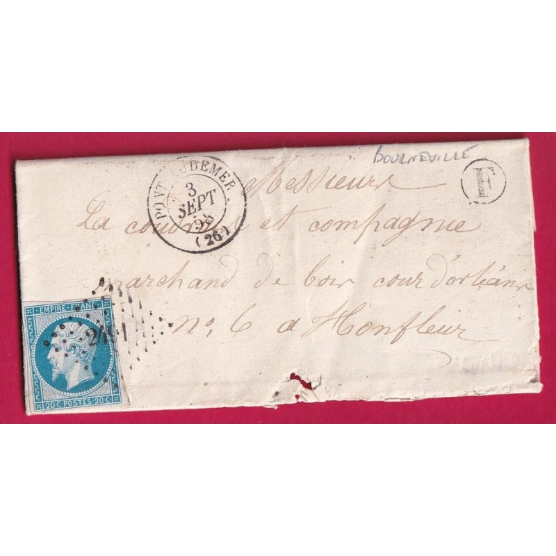 N°14 PC 2491 PONT AUDEMER EURE BOITE RURALE F BOURNEVILLE POUR HONFLEUR CALVADOS 1858 LETTRE