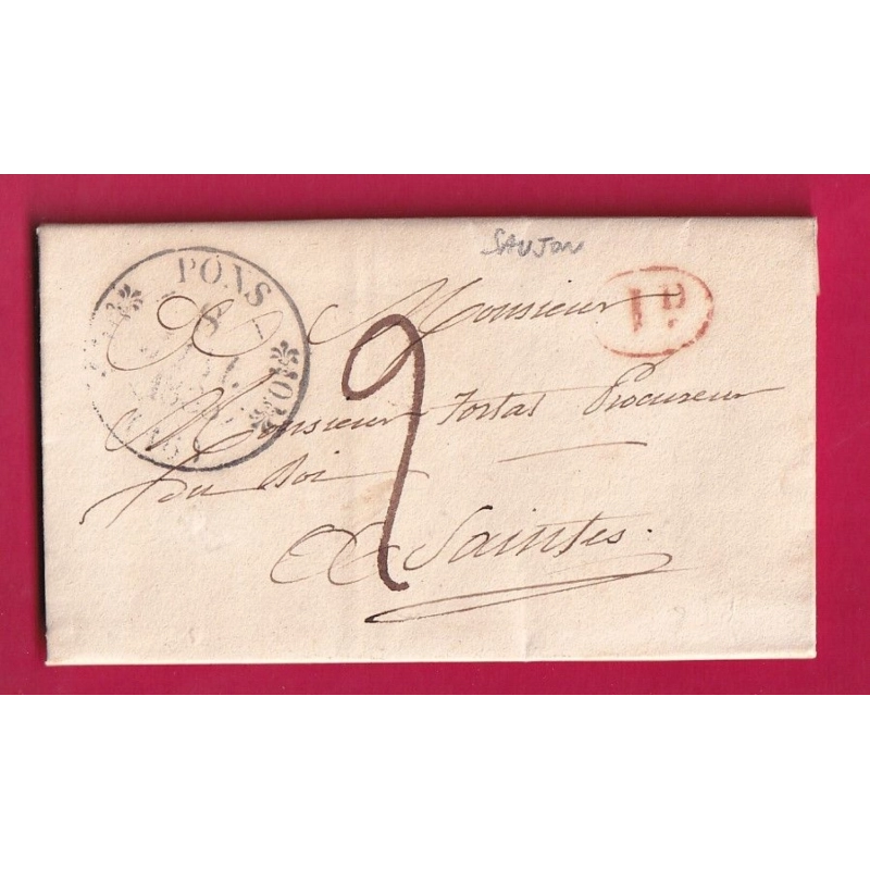 CAD TYPE 11 PONS CHARENTE DECIME RURAL DE SAUJON 1835 POUR SAINTES LETTRE