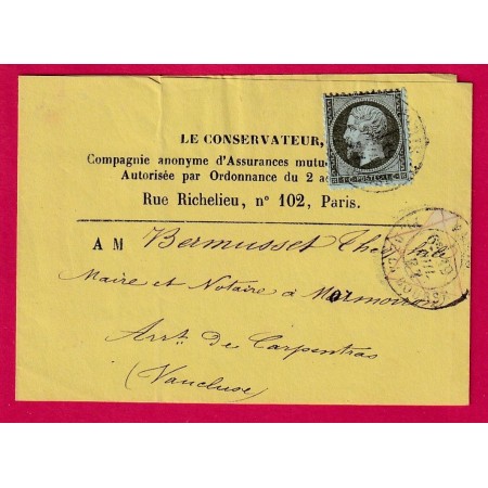 N°19 CAD PARIS PL DE LA BOURSE POUR CARPENTRAS VAUCLUSE 1867 BANDE DE JOURNAL COMPLETE LETTRE